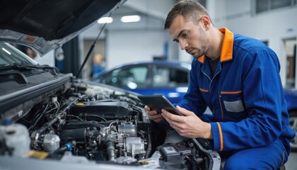 Car mechanic in blue uniform inspects vehicle engine using tablet with diagnostic software. Technician checks data logs for errors, damaged parts. Modern automotive repair shop with advanced