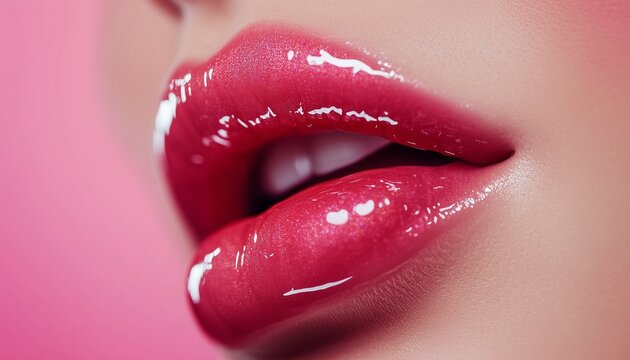 Closeup fresh and shiny lip gloss on female lip, liquid swatch on skin