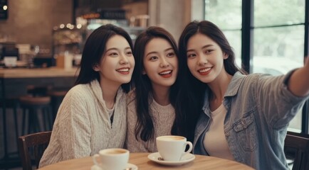 Smiling friends take selfie with coffee at a cafe, enjoying together