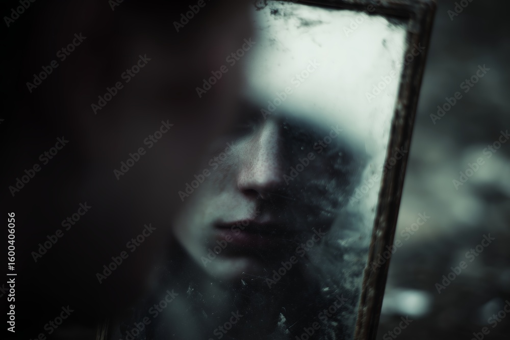 Poster reflection of solitude in a cracked mirror during twilight in an abandoned setting