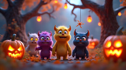 A cute yet spooky Halloween scene featuring chibi-style monsters, surrounded by glowing Jack-o'-lanterns in a magical forest