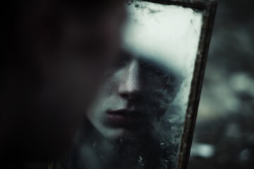 Reflection of solitude in a cracked mirror during twilight in an abandoned setting