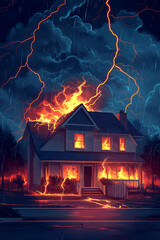 Dramatic scene of a house engulfed in flames with lightning striking during a stormy night