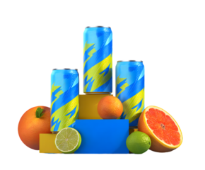 Refreshing beverage cans with colorful citrus fruits composition on transparent background