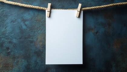 Blank paper note hanging on wooden clip in hemp rope for texting message