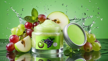 Grapes, apple and an open jar of fruit scrub