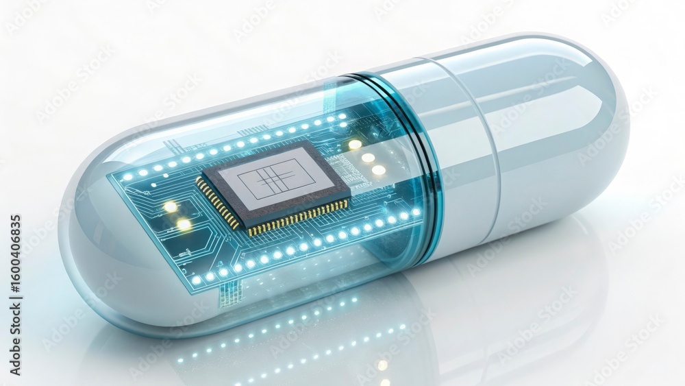 Poster a close up view of a capsule with a microchip inside on a white surface with a shiny reflection