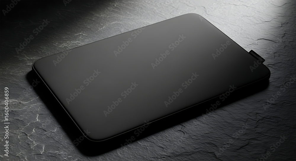 Poster black rectangular object on dark textured surface