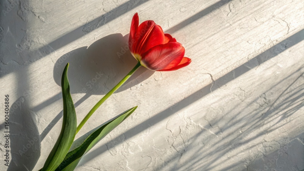 Poster a single red tulip with green leaves lying on a white textured surface with window blind shadows