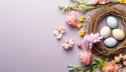 Decorative Easter Nest with Colored Eggs and Spring Flowers
