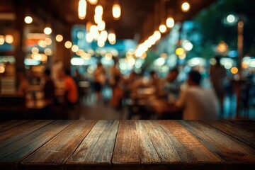 Empty wooden table top with blurred city night market background, warm tones and vintage texture, shallow depth of field for commercial use.