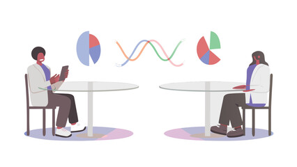 Fototapeta premium Two people at tables with pie charts and wavy lines representing data analysis and collaboration