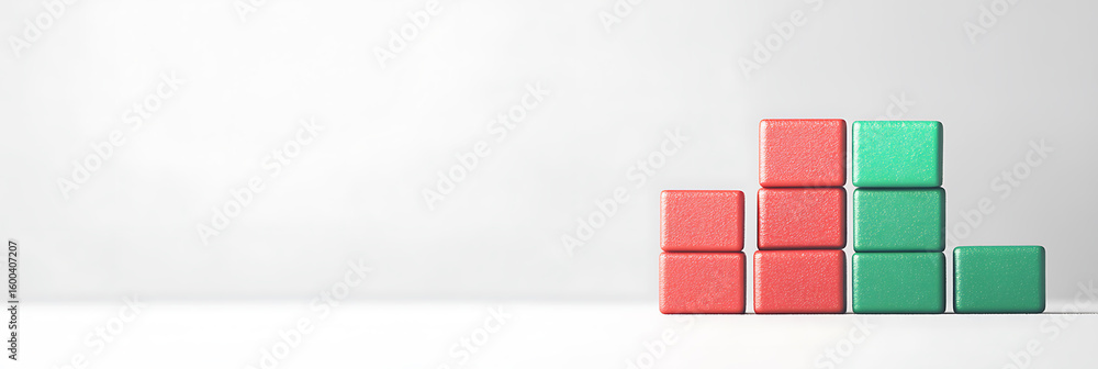 Poster stacked wooden blocks: a minimalist display of red and green wooden blocks arranged in a step-like p