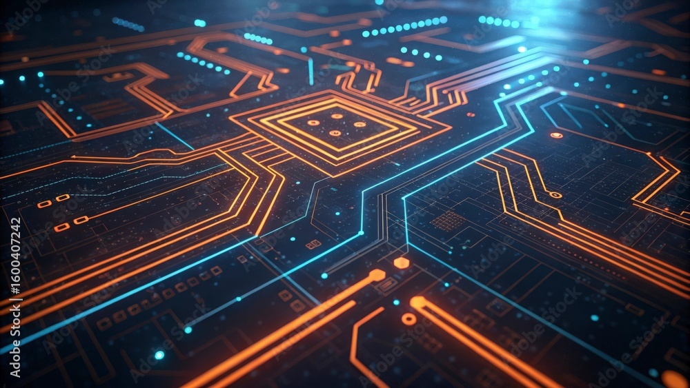 Poster close up of a circuit board with orange and blue lines and a square chip in the center focus point