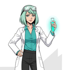 Animated female scientist holding a glowing test tube in lab coat  
