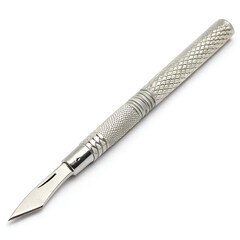 Sharp stainless steel scalpel with a sleek handle, isolated on a clean white background.