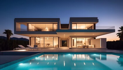 Modern Luxury Villa with Pool at Sunset and Mountain View