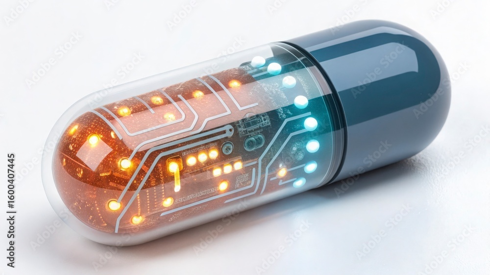 Poster a close up of a capsule with a circuit board inside on a white surface in a studio shot