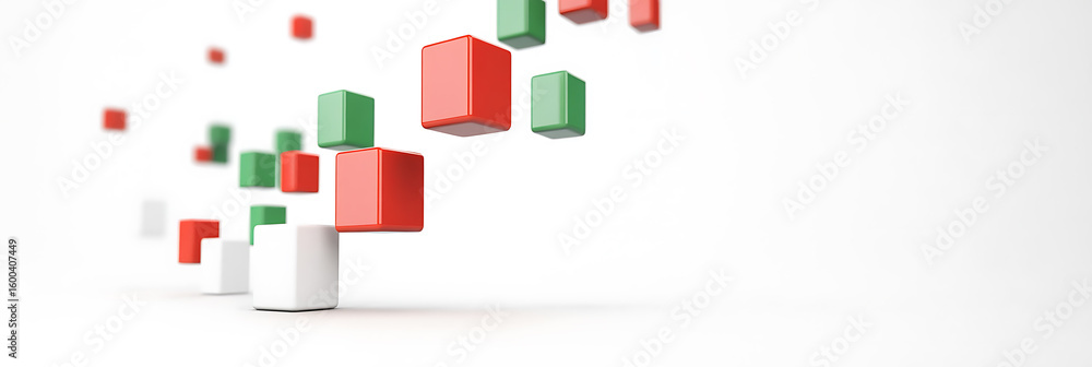 Poster colorful cubes abstract: a playful arrangement of red, green, and white cubes floating in a clean, m