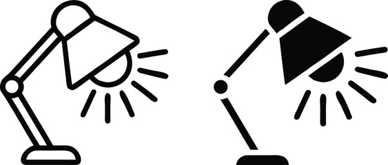 Adjustable Desk Lamp Icons with Light Beams in Black and White Vector Style