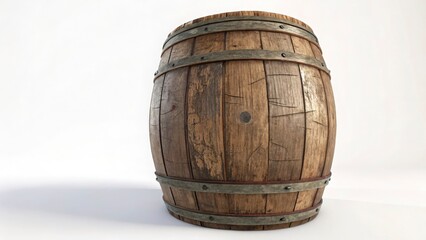 Obraz premium A wooden barrel with metal bands sits on a white surface casting a soft shadow to the left side