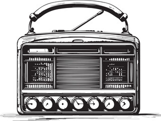 Full view of A highly detailed, Black and white, intricate vector engrave drawing of a radio