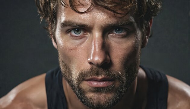 Close-up portrait of determined male athlete, possibly rugby player, showing intense focus, passion. Face perspiring, sweat glistening on skin, exertion, dedication. Beard, facial hair add rugged, - Powered by Adobe