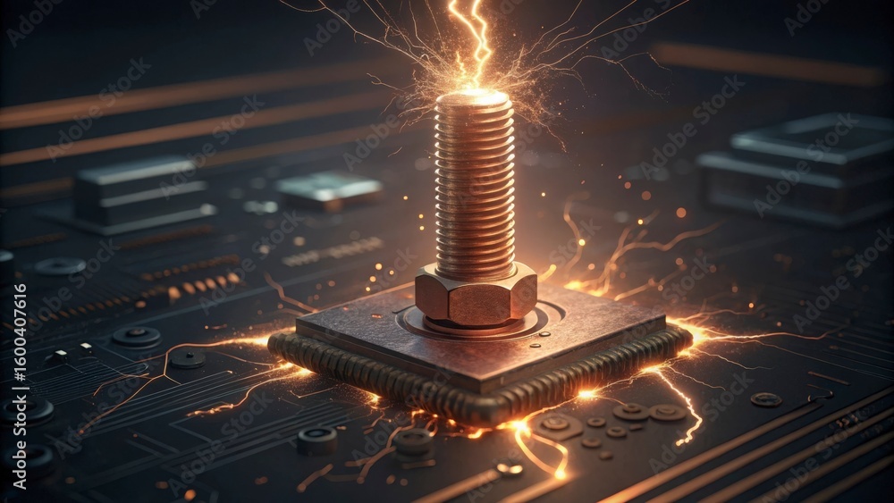 Aufkleber a close up of a bolt with electricity sparking off of it on a circuit board background design