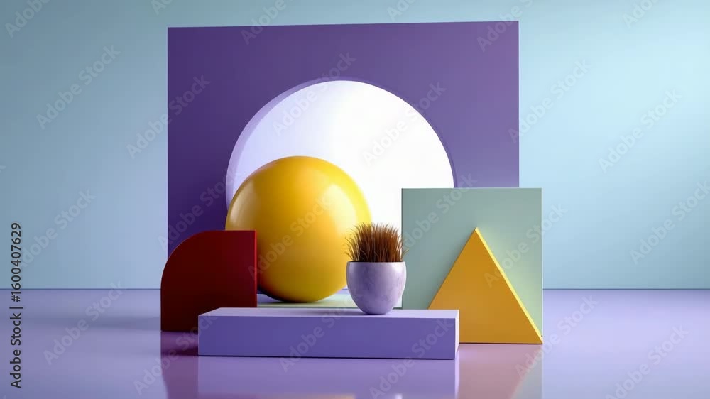 Poster a colorful display of shapes and a yellow ball. the shapes are arranged in a way that creates a sens
