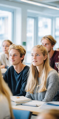 teenager students in school college university classroom sitting by the desk listening to lecture, concept of education learning study. vertical photo with copy space