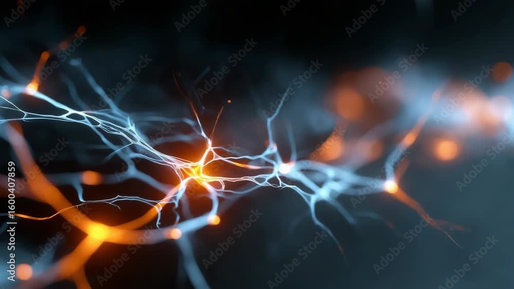 Poster a computer generated image of a brain with orange and blue lines. the image is abstract and has a fu