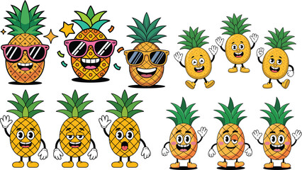 Funny cartoon tropical fruit and pineapple character set illustration-Expressive Cartoon Pineapple Characters – Tropical Fruit Set with Funny Faces and Summer Vibes