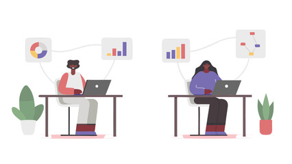 Two people working on laptops with data charts and graphs displayed above them in a white background