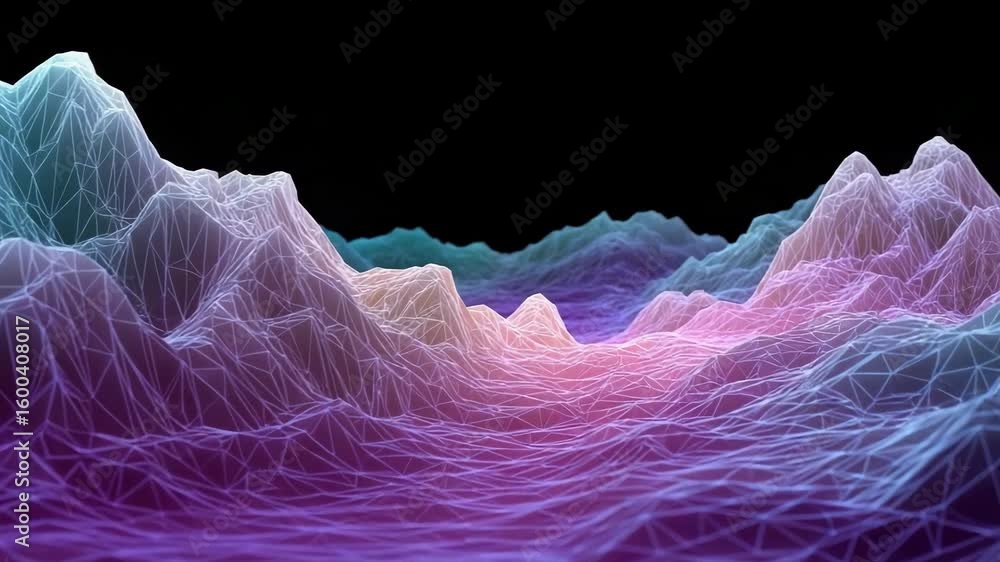 Poster a computer generated image of a mountain range with purple and blue colors. the image is a represent