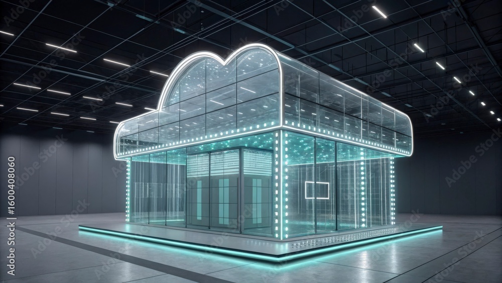 Poster a futuristic glass building with neon lights in a large dark room with a grid pattern ceiling