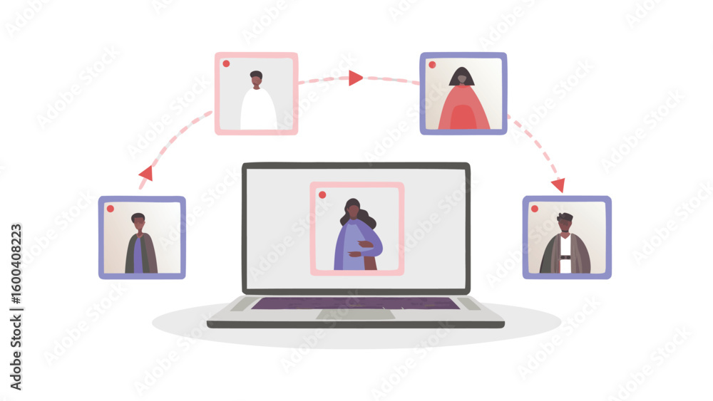 Poster laptop displaying video call with four participants connected by dotted lines and arrows online