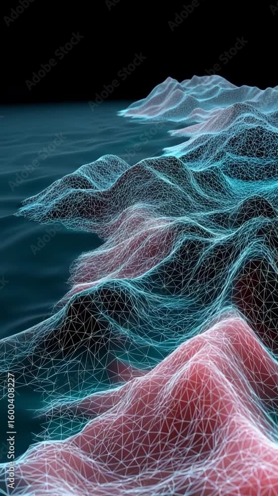 Poster a computer generated image of a mountain range with a blue and pink color scheme. the mountains are 