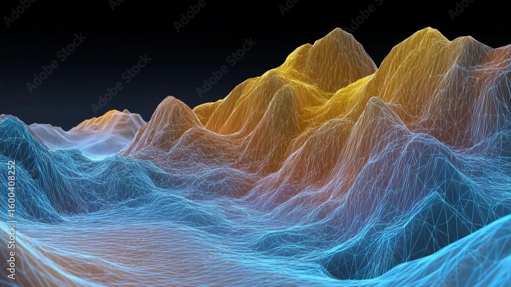 Poster a mountain range with a blue and yellow color scheme. the mountains are shown in a 3d format, giving