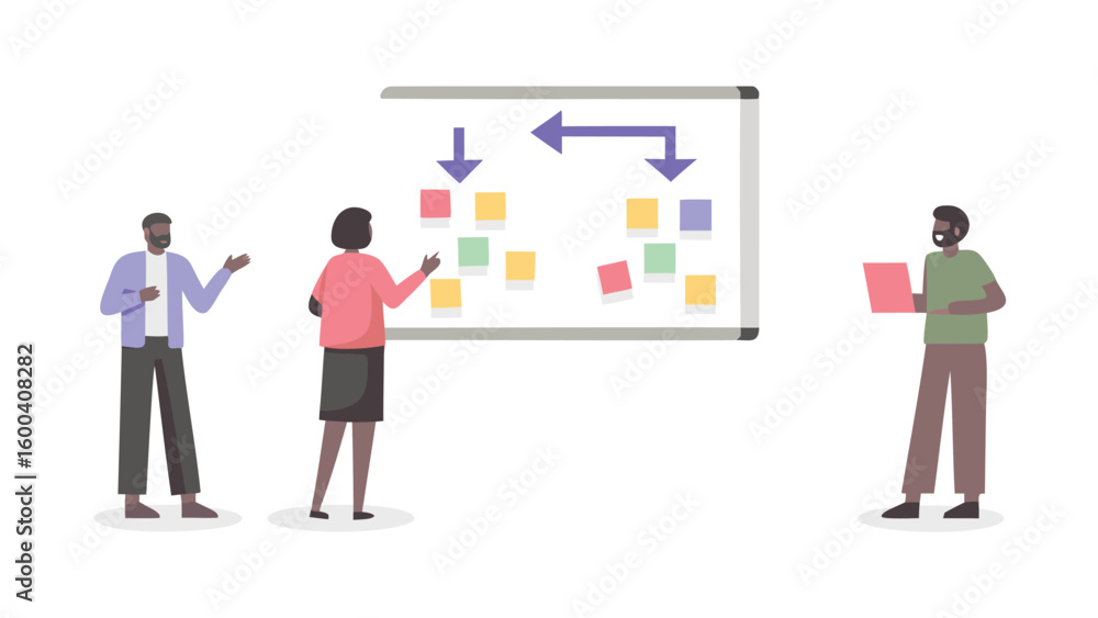 Poster three people collaborating on a whiteboard with sticky notes and arrows in a business setting scenar