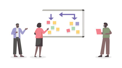 Fototapeta premium Three people collaborating on a whiteboard with sticky notes and arrows in a business setting scenario