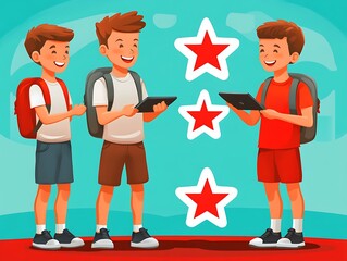 Three young boys holding tablets with star symbols around them