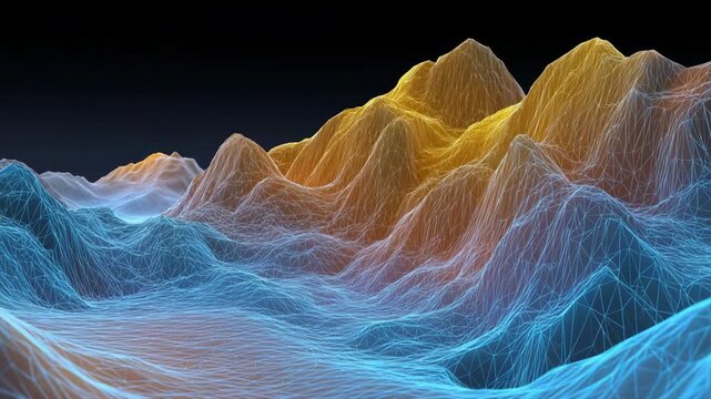 A mountain range with a blue and yellow color scheme. The mountains are shown in a 3D format, giving the impression of a computer-generated landscape