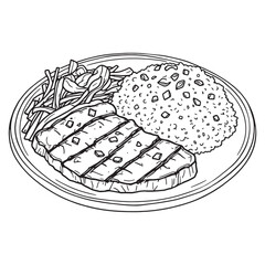 Plate of Teriyaki Beef Rice Green Onion Line Art; Savory Taste Invited Freshness