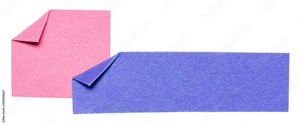 Fototapete two pink blue overlapping isolated cut out blank paper notes cardboard with folded corner dog-ear ea