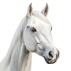 white thoroughbred horse looking away , horse head , isolate on white transparent background