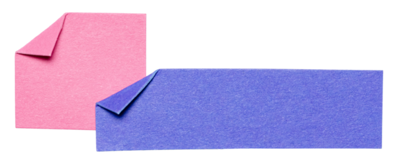 Two pink blue overlapping isolated cut out blank paper notes cardboard with folded corner dog-ear earmark and copy space for text, transparent png background design element