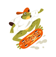 Funny teen frog in cap rides a skateboard and does tricks. Cute green toad skates on board. Happy amphibian jumps with longboard, does stunts. Flat isolated vector illustration on white background