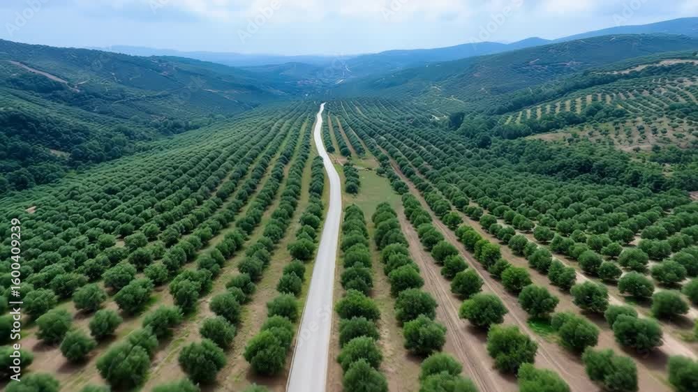 Poster a road runs through a field of olive trees. the road is empty and the trees are lush and green. the 