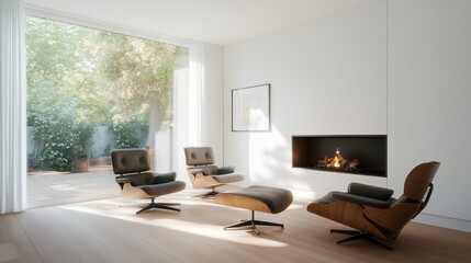 Serene Modern Living Room: Mid-Century Chairs, Fireplace, and Garden View