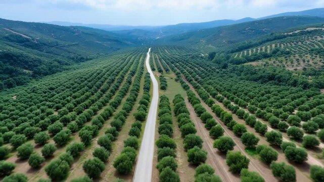 A road runs through a field of olive trees. The road is empty and the trees are lush and green. The scene is peaceful and serene, with the road and trees creating a sense of calm and tranquility